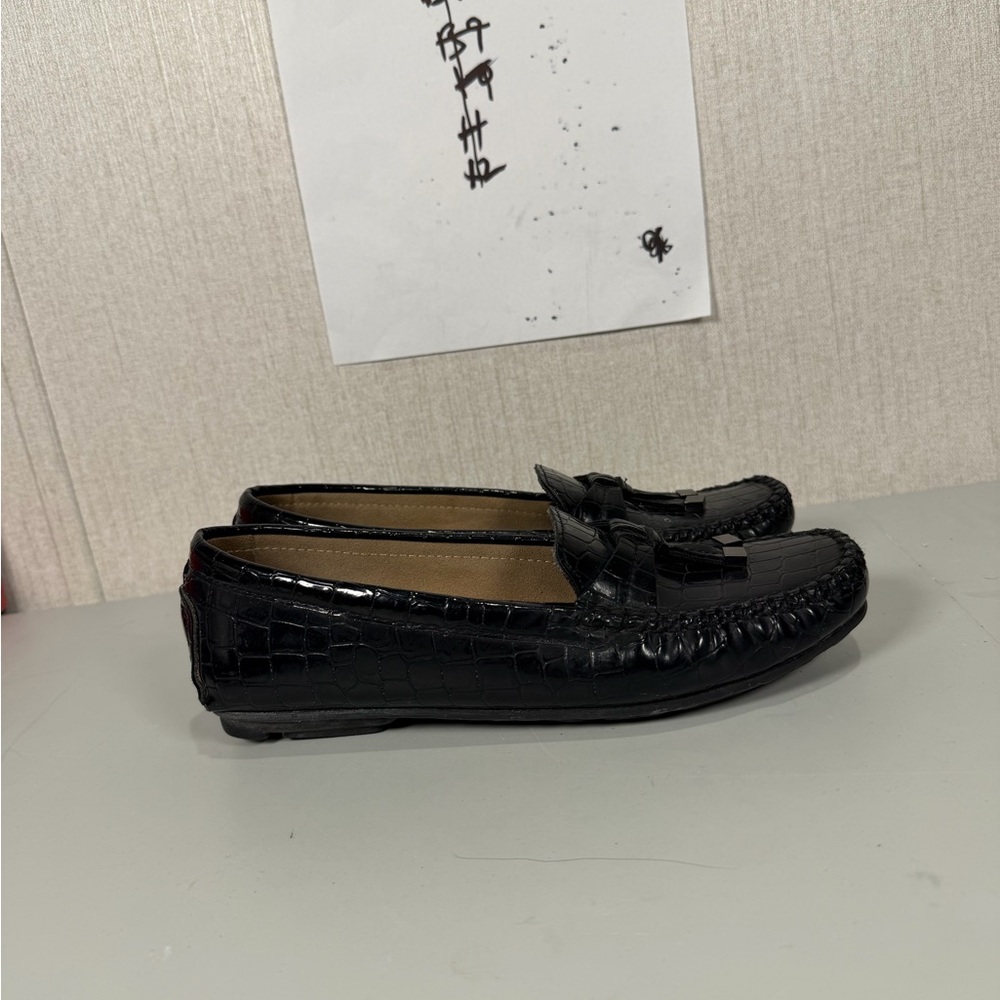 Sonata Doris Loafers Black Gilded Croco Print Flats Driving Shoes 8M